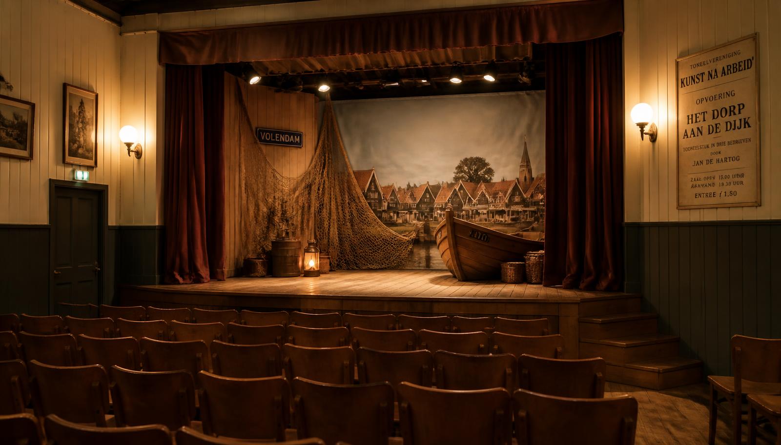 Podium met rood fluwelen gordijn in een dorpshuis